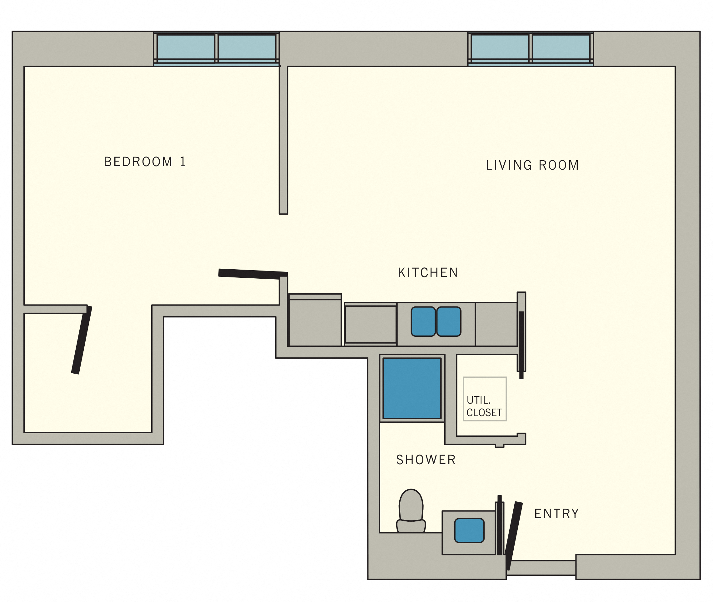 Floor plan for 1 bed, 1 bath, 625 sqft